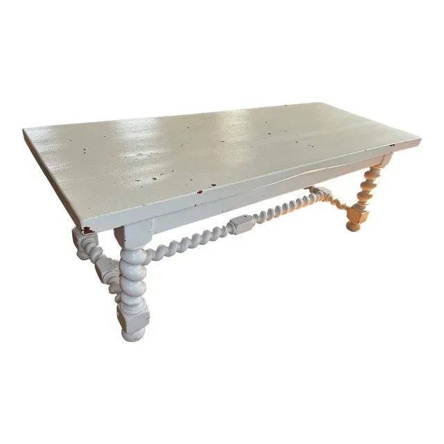 Large Country White Antique French Farm Table With Barley Twist Legs
