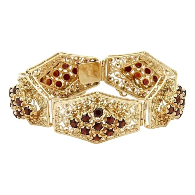 Large Filigree Floral 14k Yellow Gold Garnet Link Bracelet