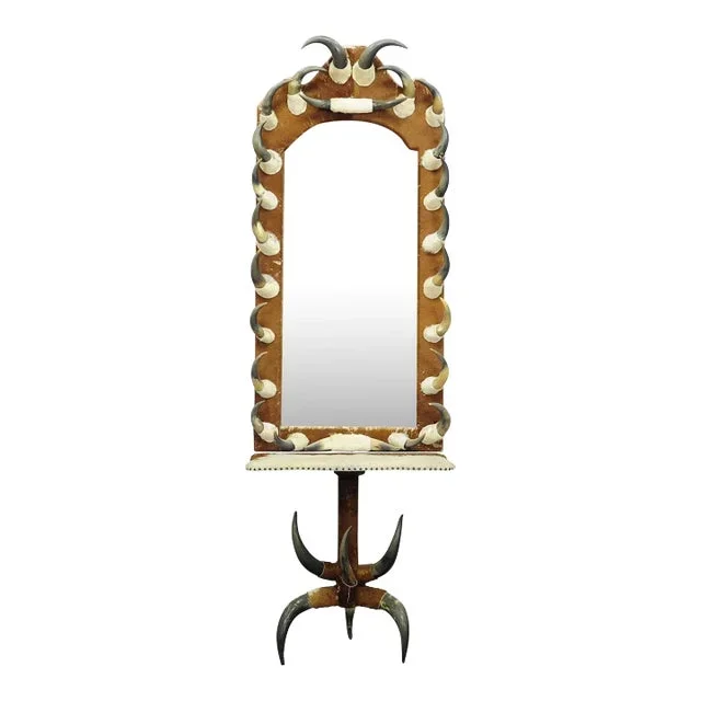 Large Hall Mirror With Cow Horn Decorations and Console Table, Austria 1870