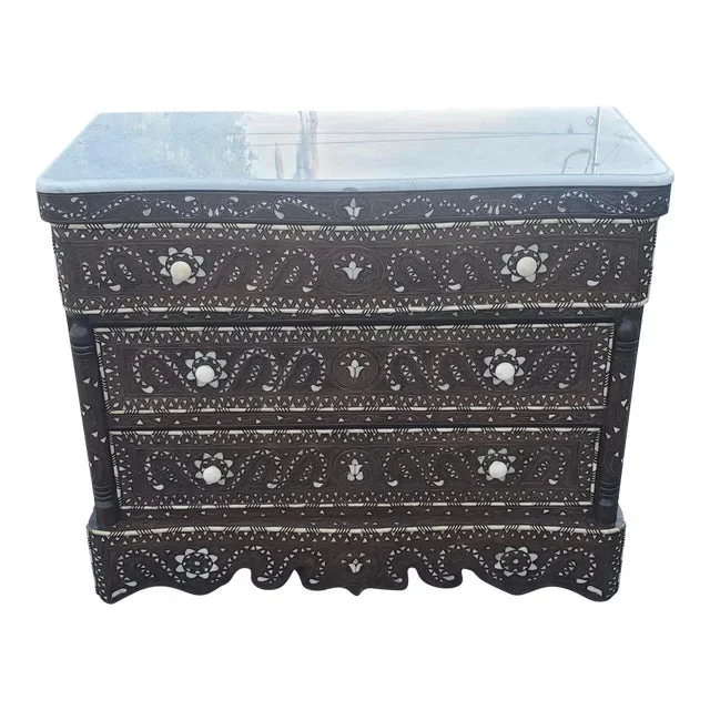 Large Mother-Of-Pearl Walnut Wood Chest of Drawers, Brown