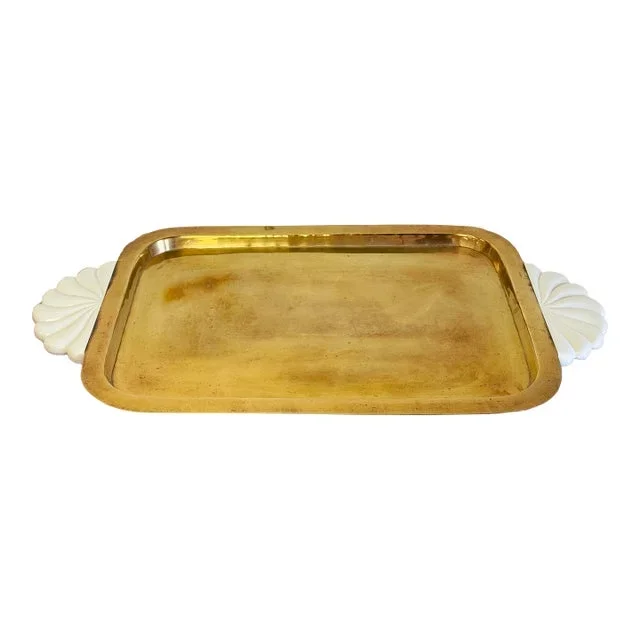 Large Vintage Brass Tray With Ceramic Shell Shaped Handles
