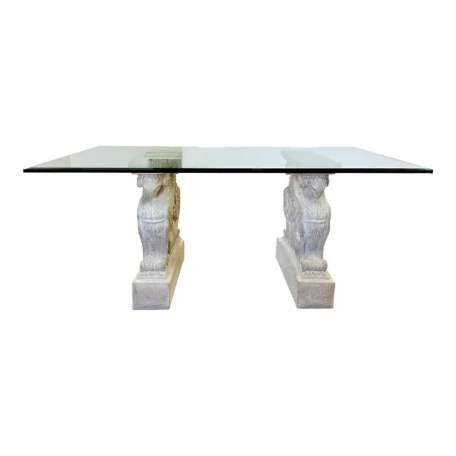 Large Vintage Stone Double Griffin Pedestal Dining Table With Thick Beveled Glass Top