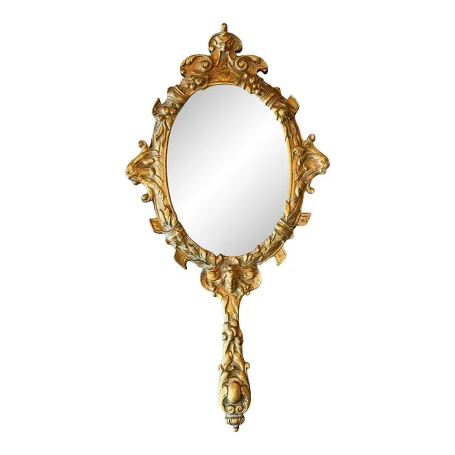Late 19th Century Ornate Cast Brass Hand Mirror With Figural Motifs