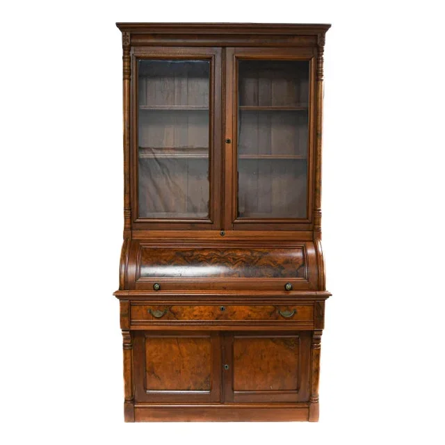 Late 19th Century Victorian Eastlake Roll Top Secretary Desk With Hutch