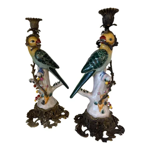Late 20th Century Bronze and Porcelain Parrot Candlesticks – a Pair