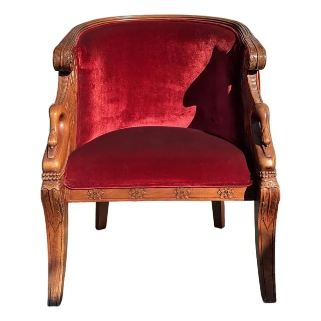 Late 20th Century Hand-Carved Swan Tub Armchair With Red Velvet Upholstery