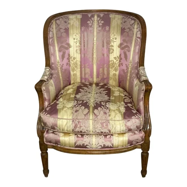 Late 20th Century Louise XVI French Bergare Chair With De Gourney Silk Upholstery
