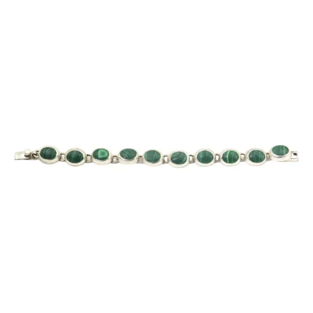 Late 20th Century Modernist Mexican Malachite Sterling Silver Oval Link Bracelet