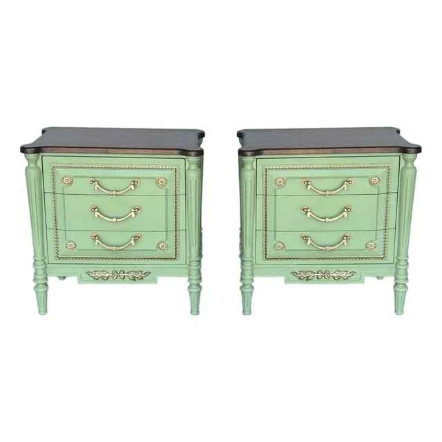 Late 20th Century Pair of Mid-Century Green Nightstands With Walnut Tops