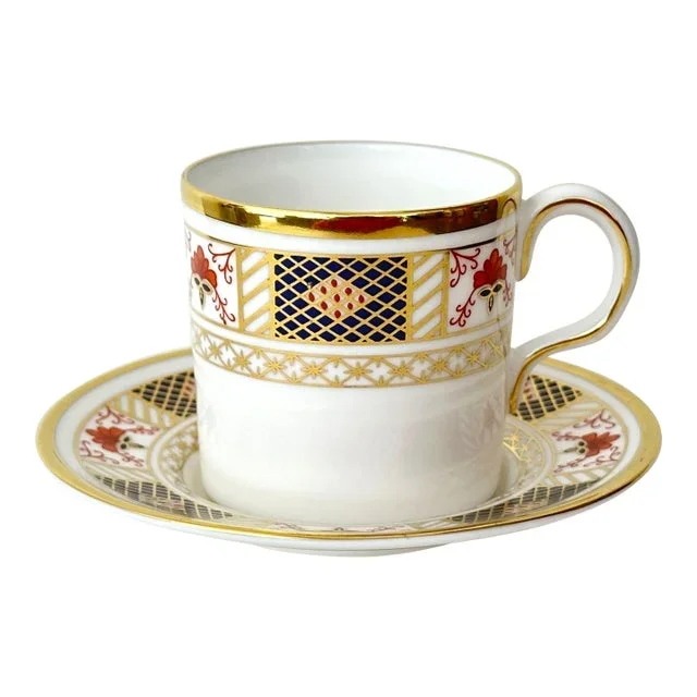 Late 20th Century Royal Crown Derby – Derby Border Demitasse Cup and Saucer, Cobalt Blue, Rust & Gold Cup for Espresso, Tea and More