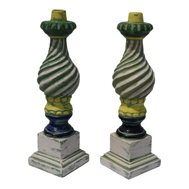 Late 20th Century Sarreid Large Ceramic Candle Holders-a Pair