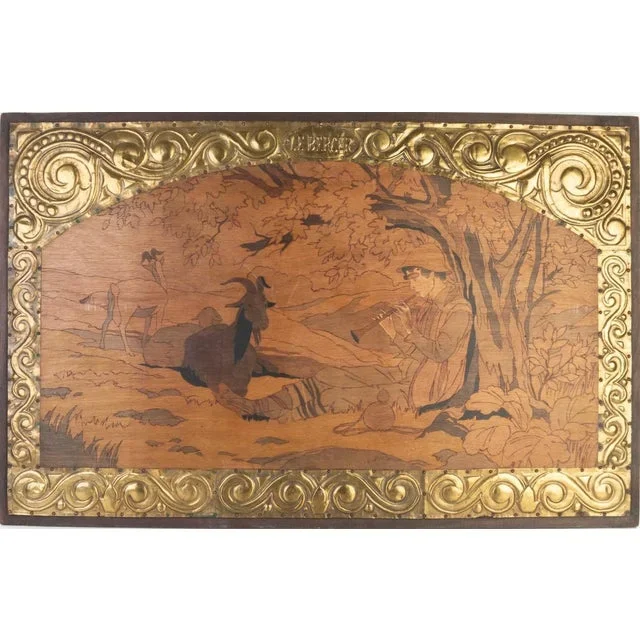 Le Berger, Figurative Scene, Large Pyrogravure, Framed