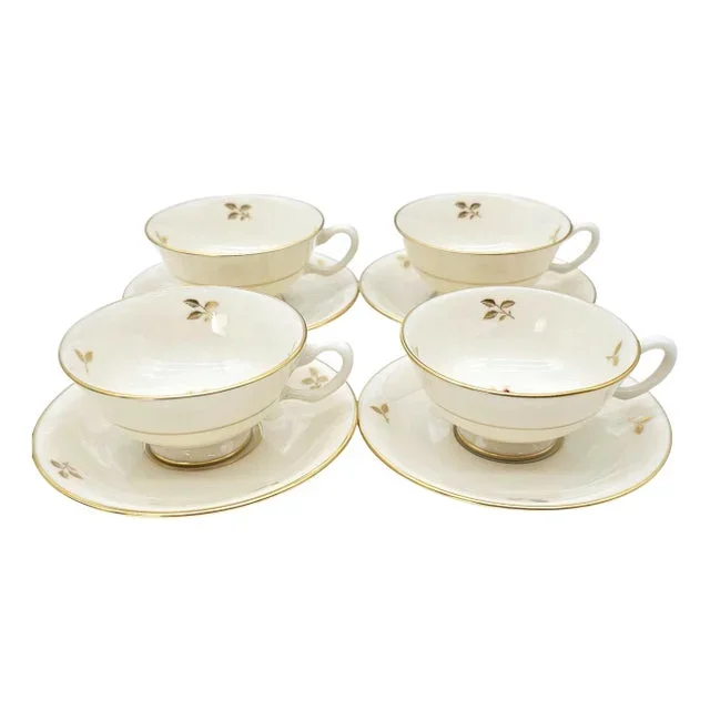 Lenox Rhodora P-471 Cups & Saucers – Set of 4 Pink Rose Gilded Fine Porcelain Tea Set