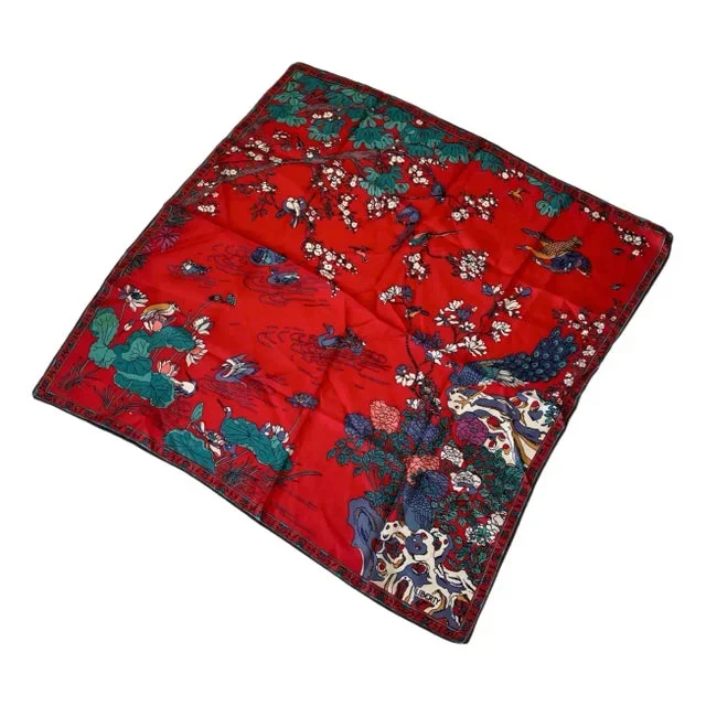 Liberty of London Red Silk Scarf With Birds and Flowers