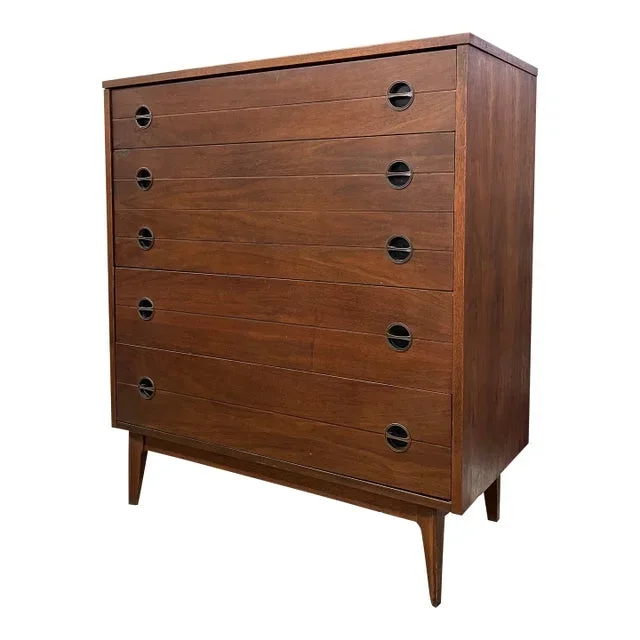 Likely 1960s Mid-Century Modern Possibly Walnut Highboy Dresser With Recessed Brass Toned Pulls and Tapered Legs
