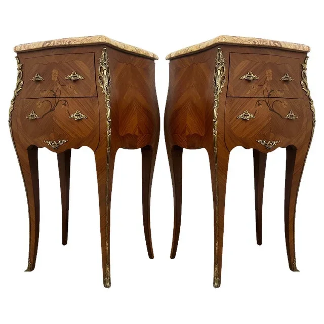 Louis XVI French Marquetry Bedside Tables with Marble Tops, Set of 2