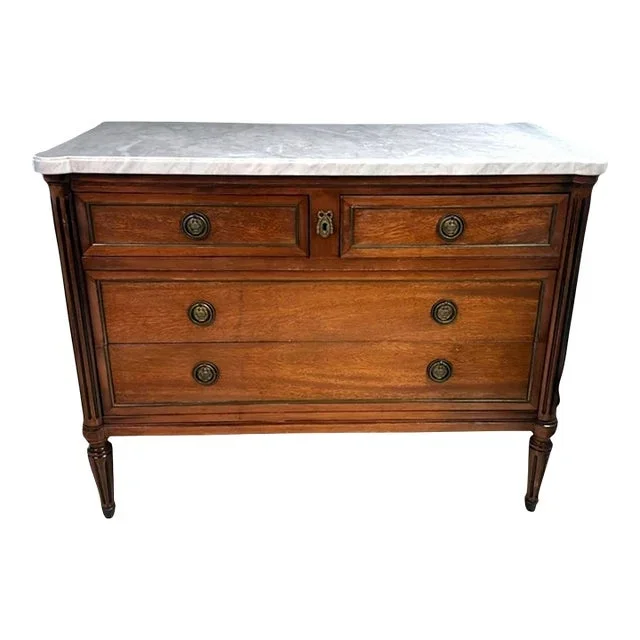 Louis XVI Style Wooden Chest of Drawers With Four Drawers and Shaped Marble Top