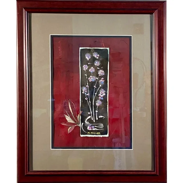 M. Miller Mid-Century Modern Floral Painting – Abstract Botanical on Red Ground, Framed