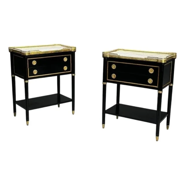 Maison Jansen Style, Hollywood Regency, Brass, Marble, Ebonized Nightstands