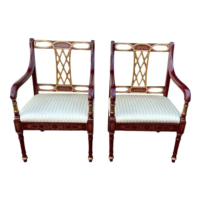 Maitland Smith Style Chinoiserie Side Chairs Red and Gold – A Pair
