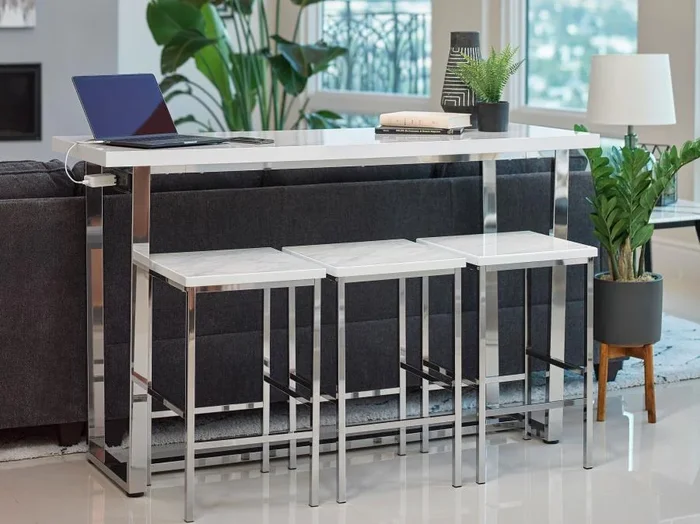 Marmot 4-Piece Rectangular Counter Height Table Set – Chrome Frame with White Faux Marble Top and Three Matching Stools for Modern Dining & Kitchen