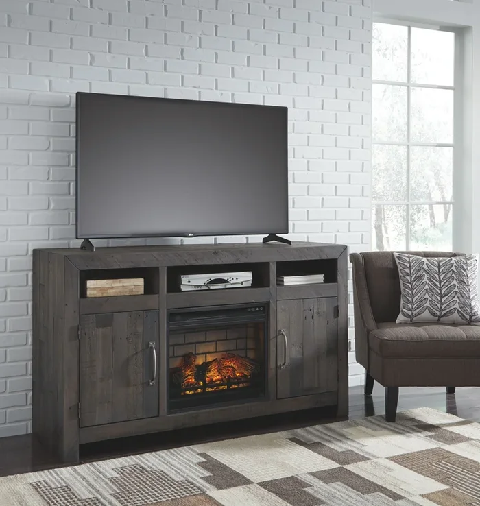 Mayflyn – Charcoal – 2 Pc. – 62″ Tv Stand With Faux Firebrick Fireplace Insert