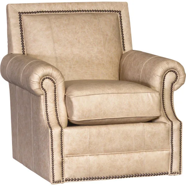 Mayo Swivel Chair in Leather Omaha French Vanilla w/ Antique Nail Heads