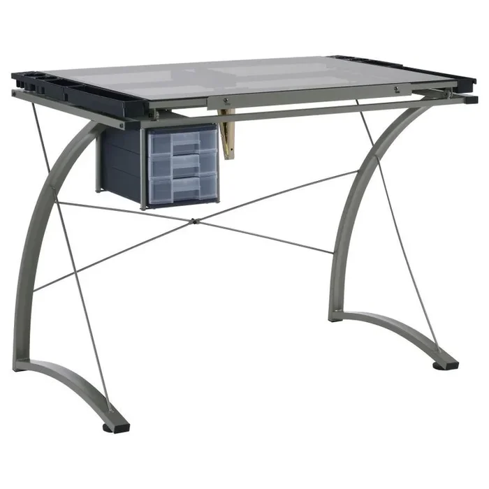Melo Glass Top Drafting Table with Storage – Silver Modern Desk with Tempered Glass, Steel Frame, Drawers, Pencil Ledge, and Office Organization