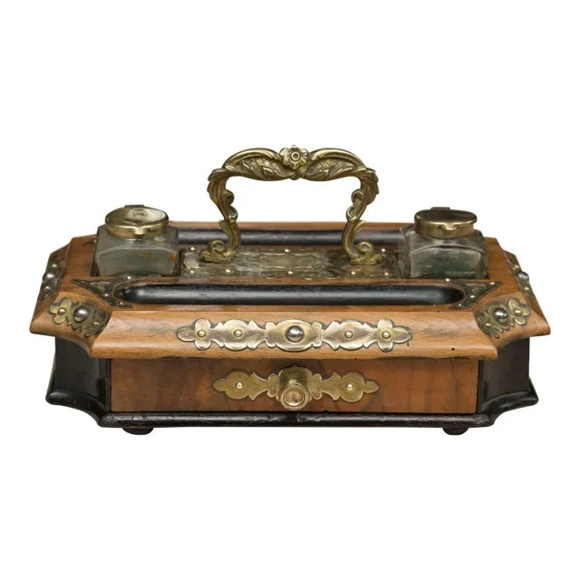 Mid 19th Century Brass, Walnut and Ebonized Double Inkwell Set