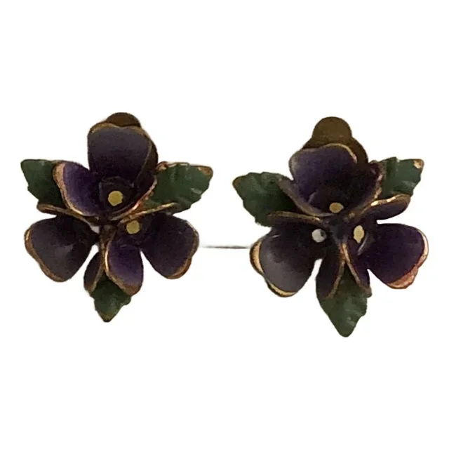 Mid 20th Century Austrian Art Nouveau Pansy Enamel Earrings – 2 Pieces