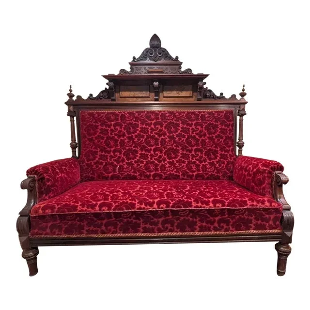 Mid 20th Century Eastlake Red Velvet Floral Loveseat With Tufted Arms