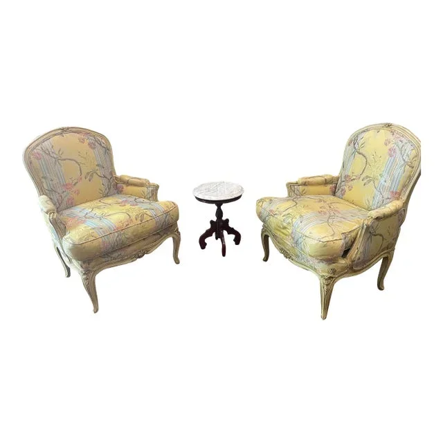 Mid 20th Century French Provincial Floral Louis XV Style Bergere Cabriole Armchairs – Set of 2