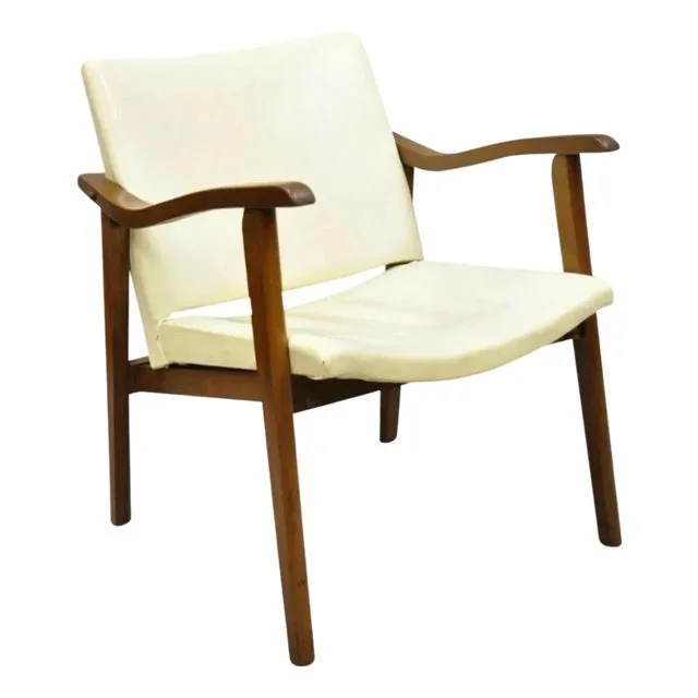 Mid 20th Century Mid Century Modern Walnut Wood Frame Vinyl Upholstered Lounge Arm Chair