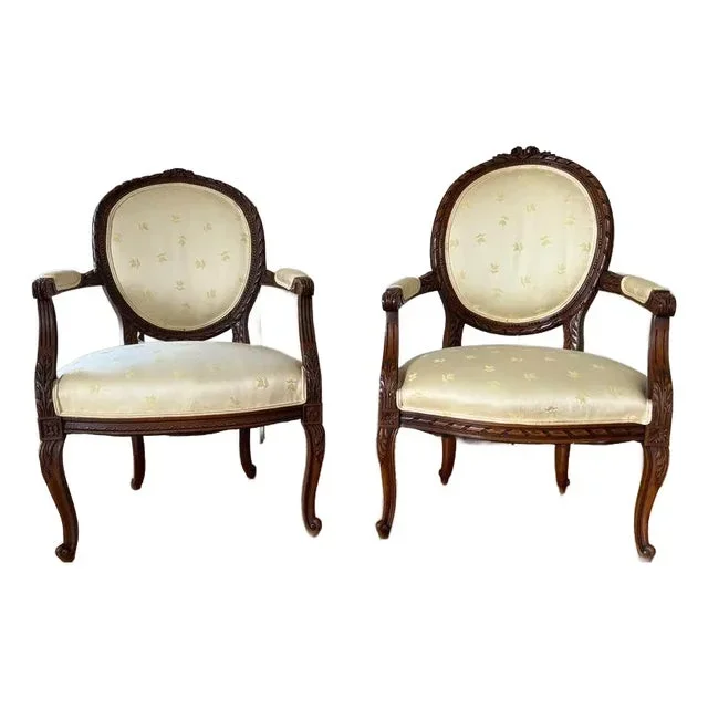 Mid 20th Century Pair of French Louis XV Style Carved Walnut Upholstered Fauteuils Open Armchairs