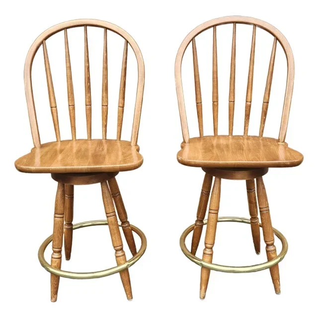 Mid 20th Century Pair of Mid Century Oak and Brass Foot Ring Counter Stools