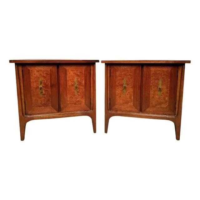 Mid 20th Century Pair of Walnut Night Stands With Burl Inlay by R-Way