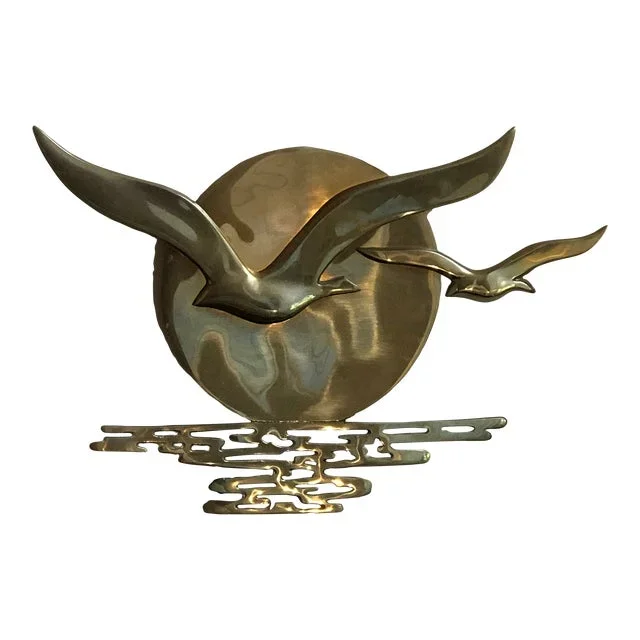 Mid-20th Century Solid Brass Seagulls Sunset Relief Wall Hanging