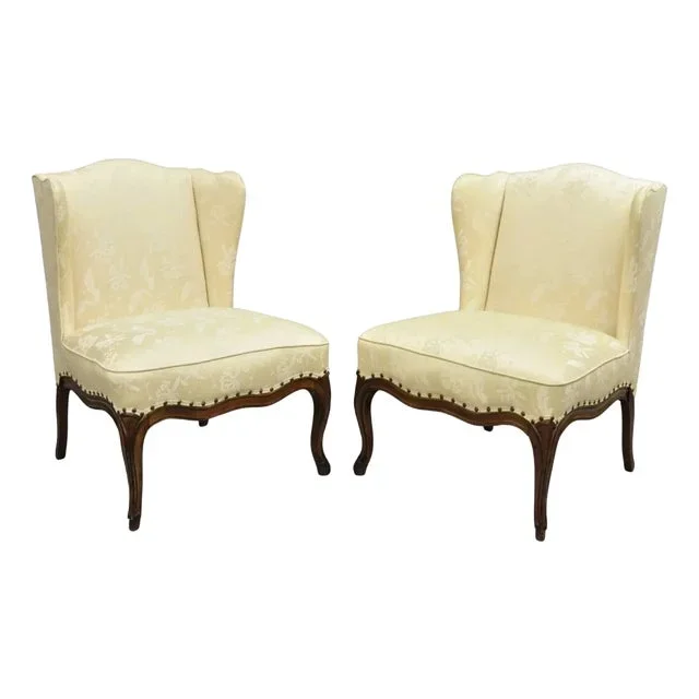 Mid 20th Century Vintage French Country Provincial Cherry Cabriole Leg Slipper Lounge Chair Pair
