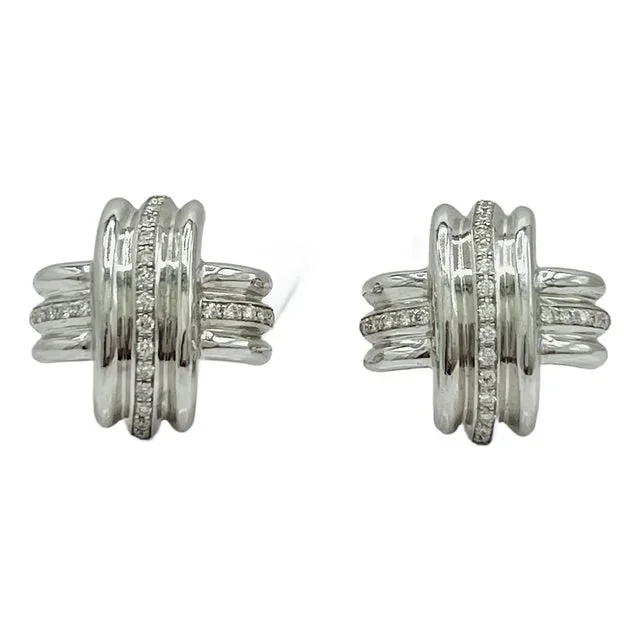 Mid 20th Century White Round Diamond X Earrings in 18k White Gold – 2 Pieces