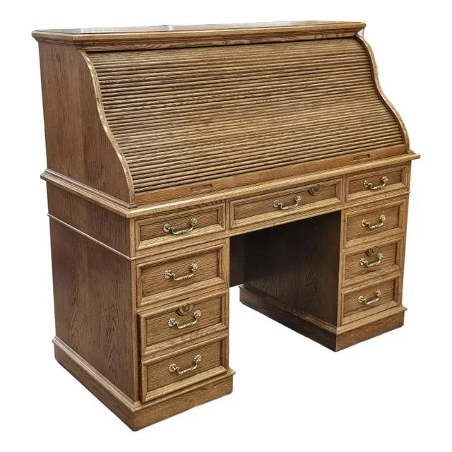 Mid Century American Solid Oak S Roll Top Front Desk
