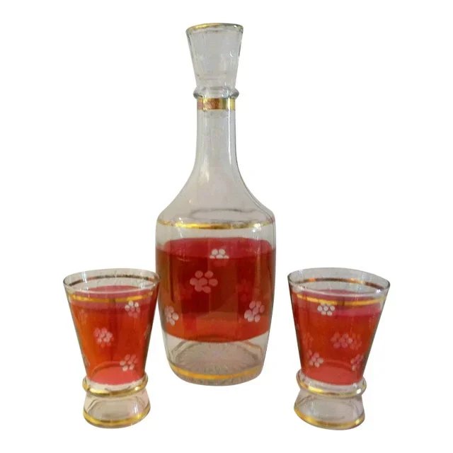 Mid-Century Bohemian Red & Gold Crystal Decanter W/Glasses, 3 Pcs