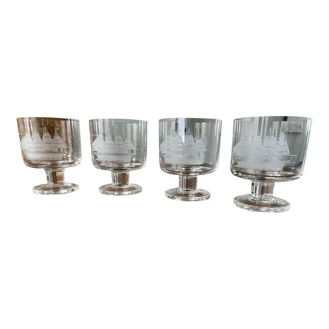 Mid-Century Etched Clipper Ship Footed Tumblers-4 Piece Set