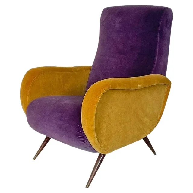 Mid-Century Italian Purple and Yellow Armchair with Wood Conical Legs, 1960s