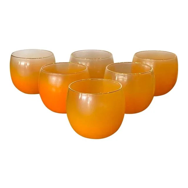 Mid-Century Modern Orange Ombre Roly Poly Rocks Cocktail Gasses- Set of 6