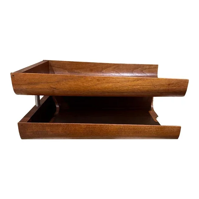 Mid-Century Modernist Architectural Letter Tray Tiered Walnut Wood