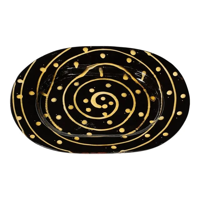 Mid-Century Modernist Ceramic Serving Tray With Yellow Spiral & Dots