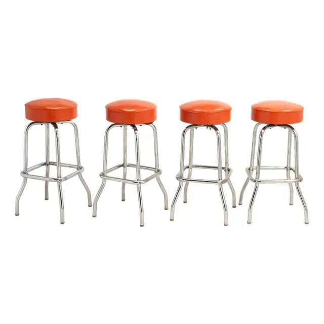 Mid Century Swiveling Seat Barstools Original Chrome Orange Vinyl Dietz & Sons Newark New Jersey a Set of Four
