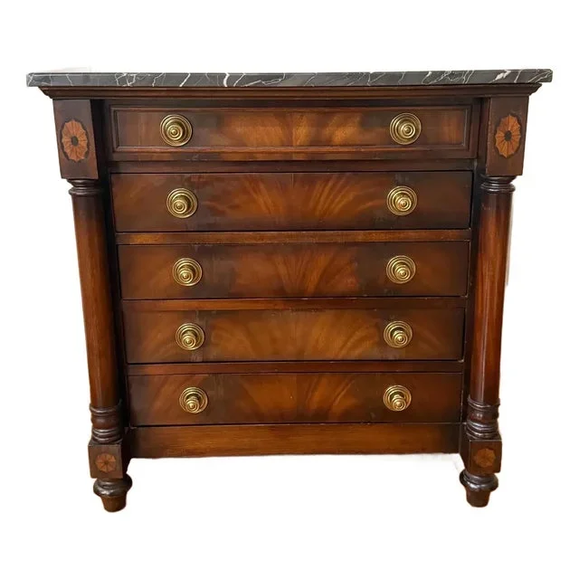Mid to Late 20th Century Colony House American Empire Style Mahogany Chest of Drawers With Dark Marble Top