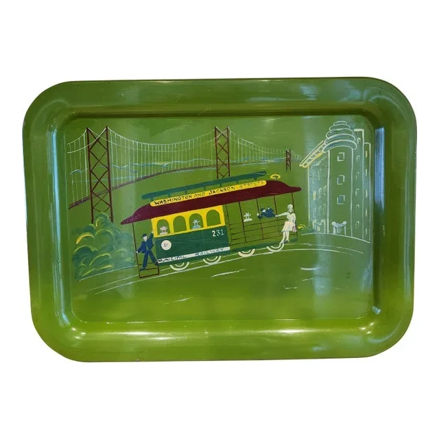 Midcentury Hand Painted Green Serving Tray San Francisco Cable Car Railway