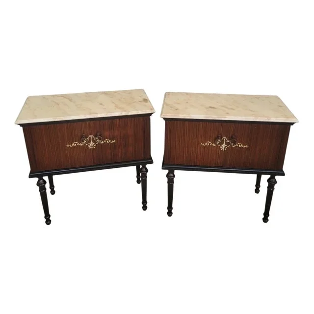 Midcentury Modern Bedside Tables with Marble Top, Set of 2